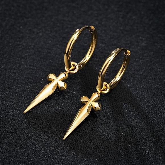 Gold Solid Sterling Silver Mens Dagger Dangle Drop Huggie Cross Hoop Earrings - Picture 1 of 3